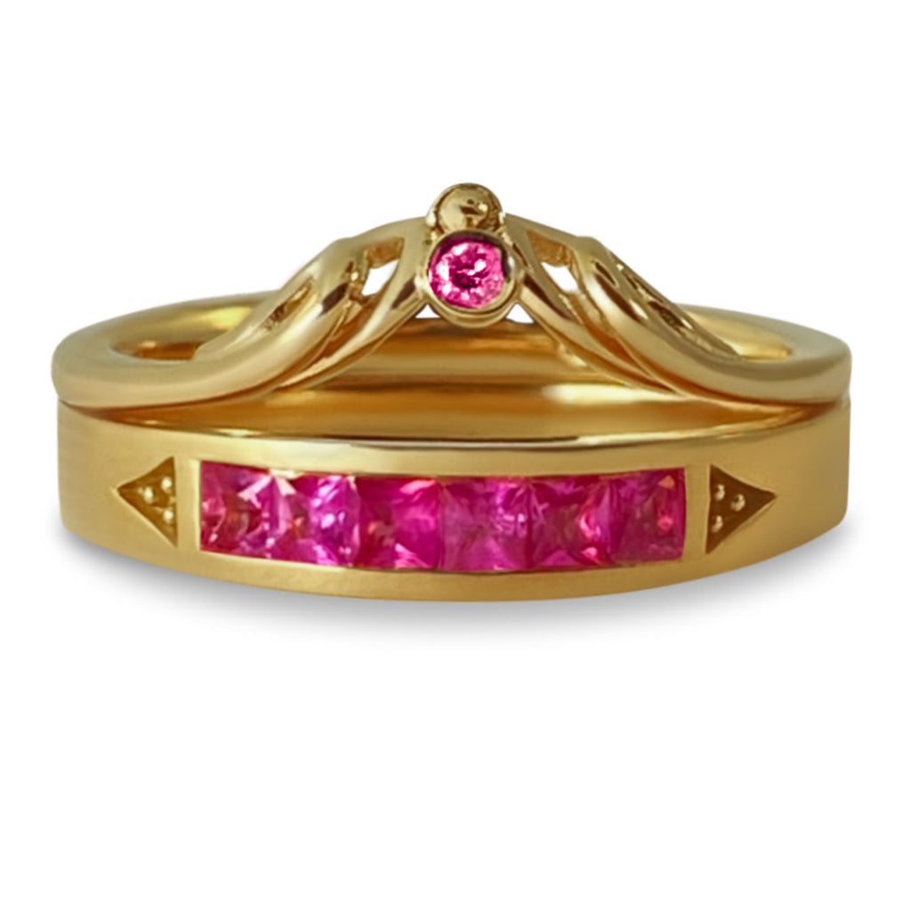 Featured in Forbes: Luxury crown ring set fit for a queen in 18 karat yellow gold with bright pink sapphires. Pink Power Collection. Bijoux Montréal.