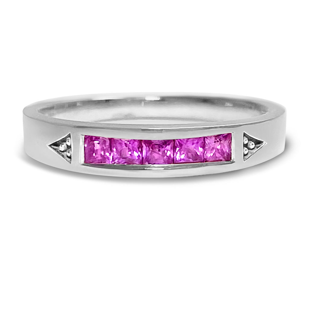 White gold stacking ring with 5 princess bright pinks sapphires.