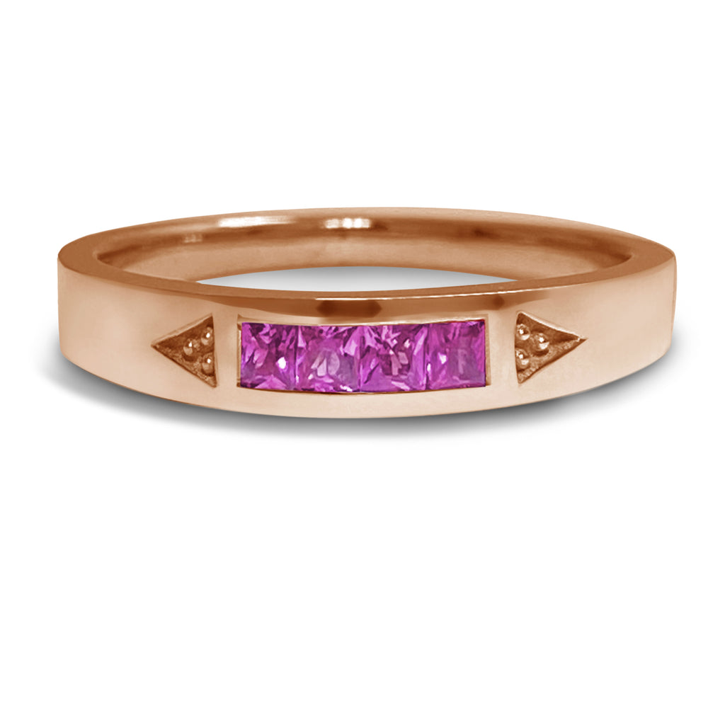 Pink gold stacking ring with 4 princess bright pinks sapphires.