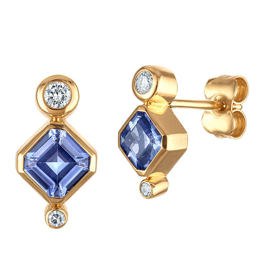 Contemporary 18 karat yellow gold earrings with blue sapphires and diamonds. Bijoux Montreal.