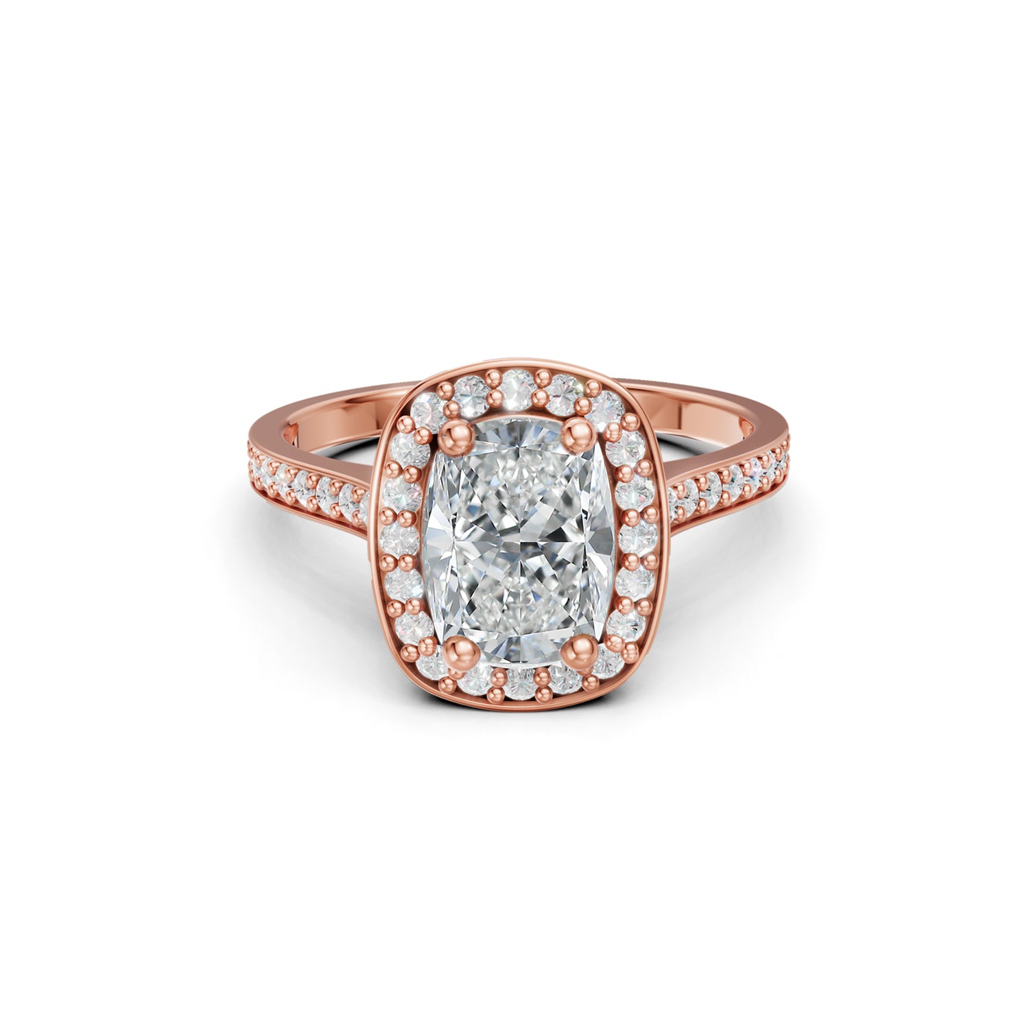 Beautiful rose or pink gold diamond halo engagement ring with 2 carat centre diamond and a row of bright, white diamonds running down the engagement ring band. Made in Canada. Bague fiançailles à diamants halo . Création Montréal. Style Couture Classique.