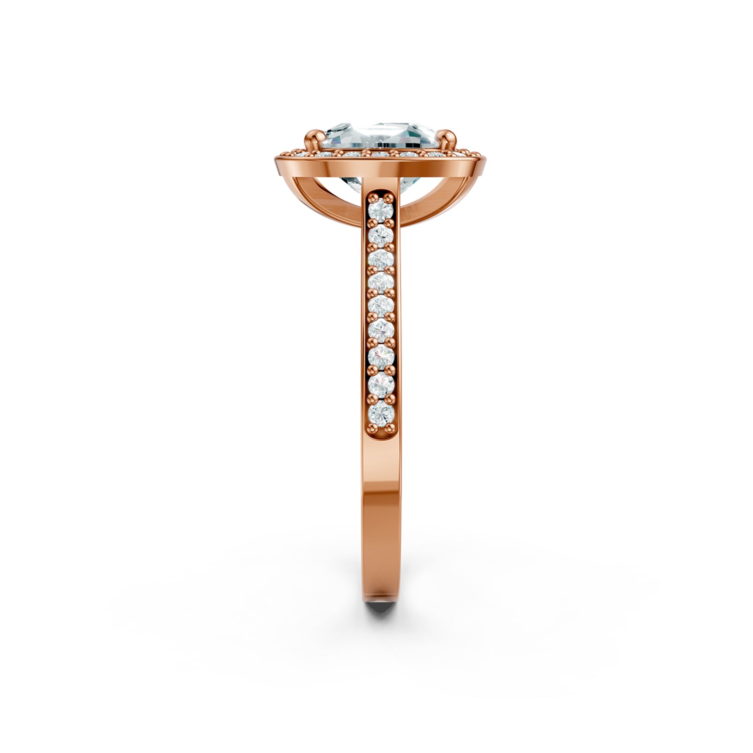 Beautiful rose or pink gold diamond halo engagement ring with 2 carat centre diamond and a row of bright, white diamonds running down the engagement ring band. Made in Canada. Bague fiançailles à diamants halo . Création Montréal. Style Couture Classique.