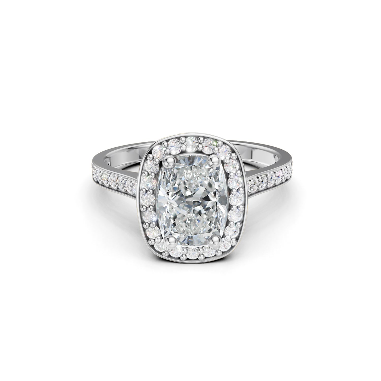Beautifuly platinum or white gold diamond halo engagement ring with 2 carat centre diamond and a row of bright, white diamonds running down the engagement ring band. Made in Canada. Bague fiançailles à diamants halo . Création Montréal. Style Couture Classique.