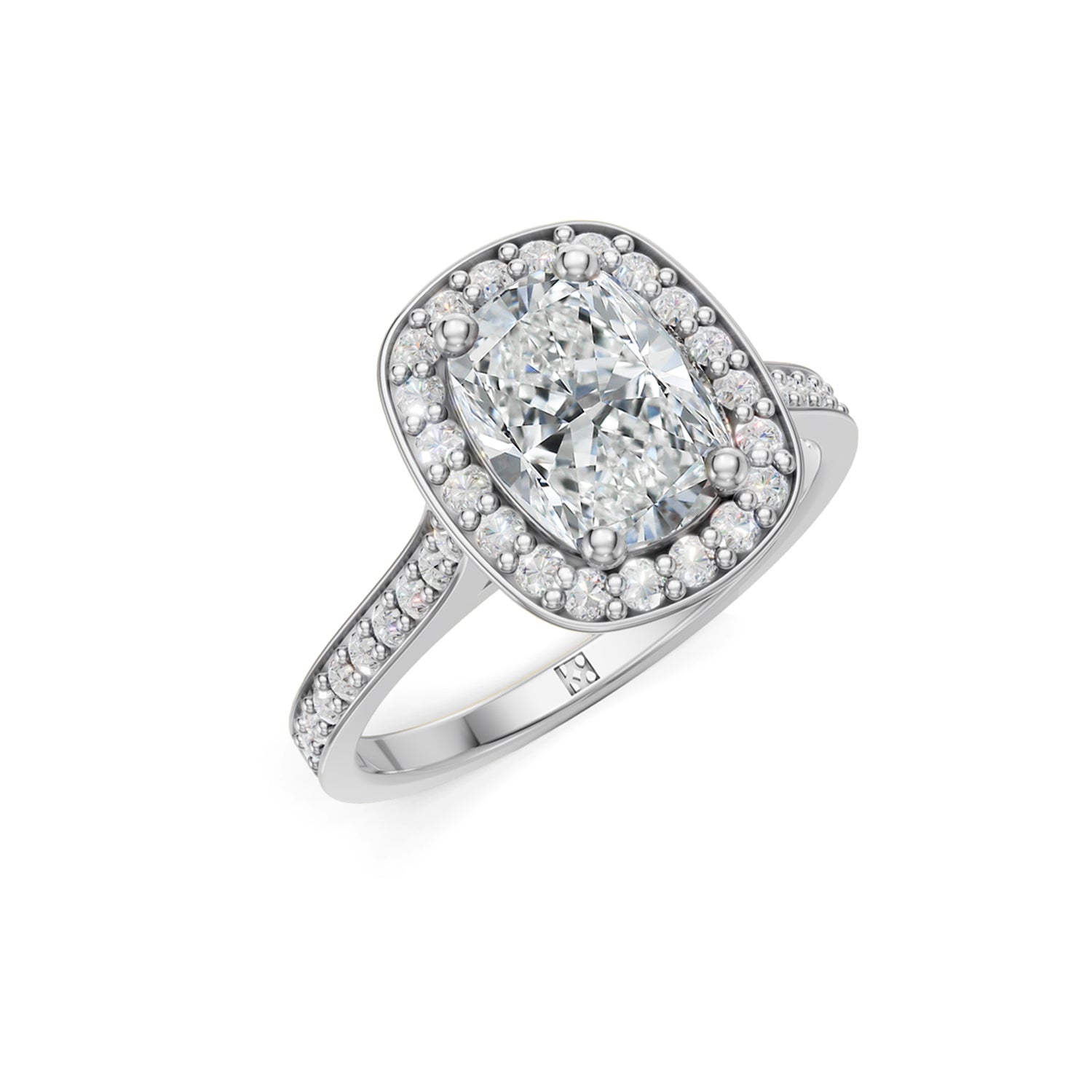 Beautiful platinum or white gold diamond halo engagement ring with 2 carat centre diamond and a row of bright, white diamonds running down the engagement ring band. Made in Canada. Bague fiançailles à diamants halo . Création Montréal. Style Couture Classique.