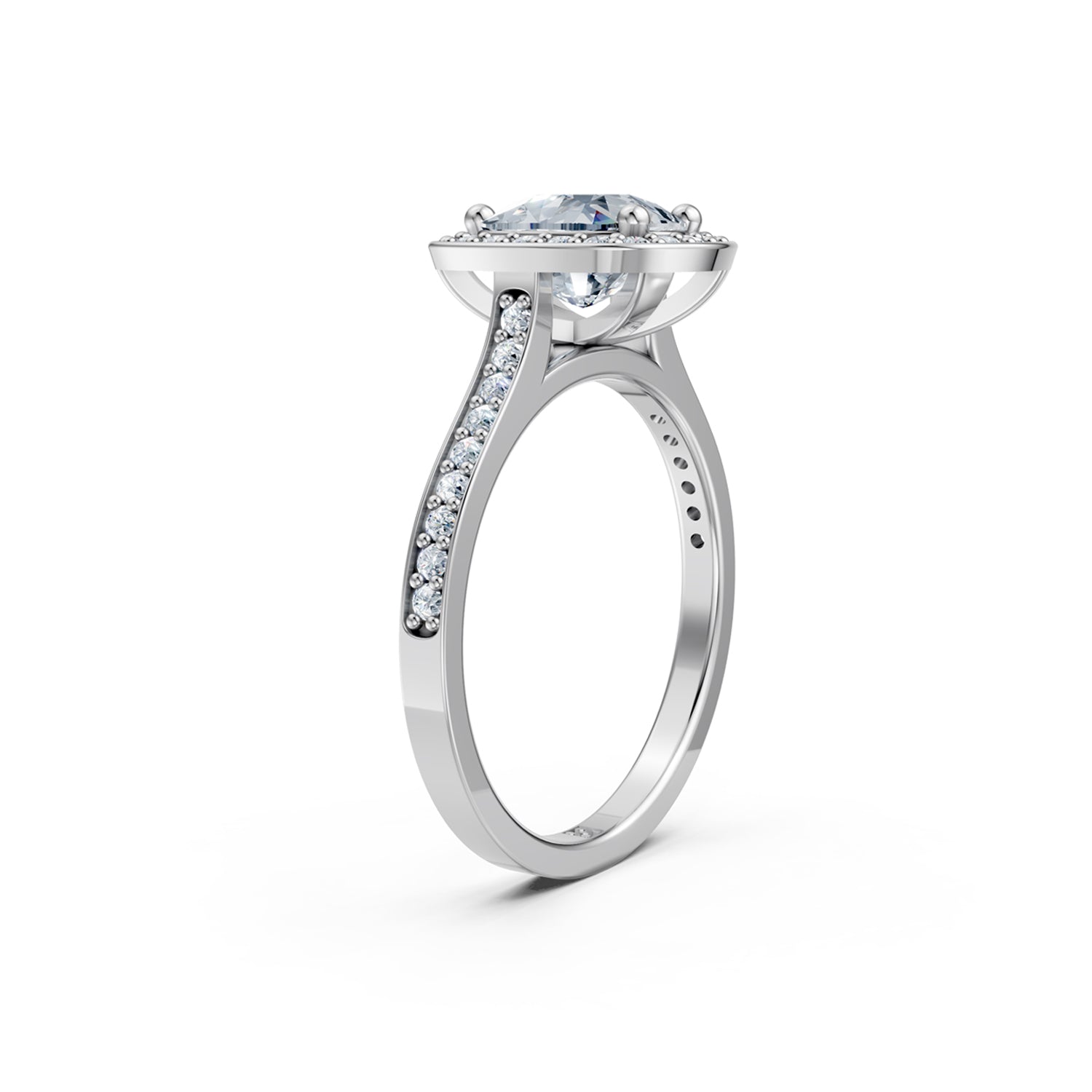 Beautiful platinum or white gold diamond halo engagement ring with 2 carat centre diamond and a row of bright, white diamonds running down the engagement ring band. Made in Canada. Bague fiançailles à diamants halo . Création Montréal. Style Couture Classique.
