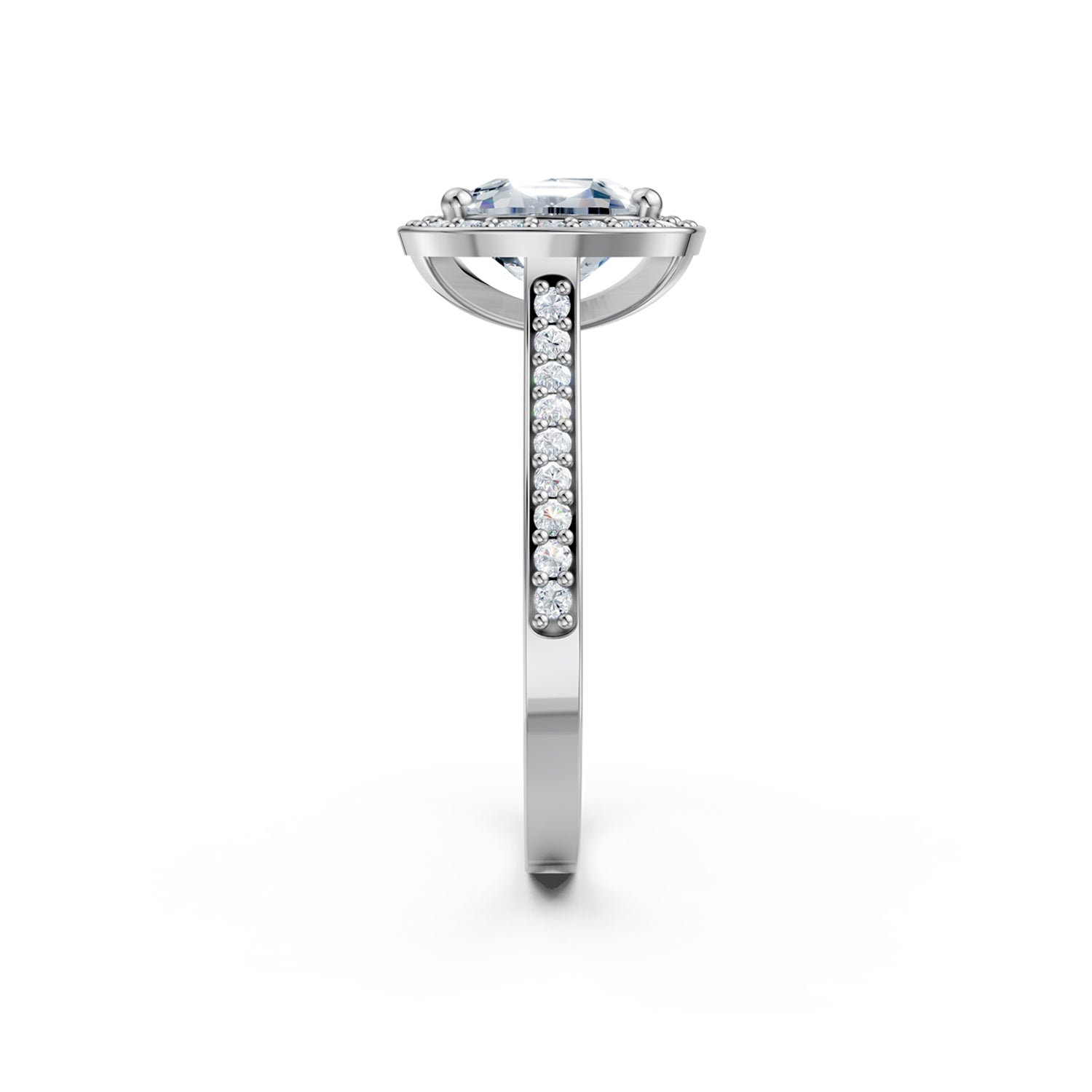 Beautiful platinum or white gold diamond halo engagement ring with 2 carat centre diamond and a row of bright, white diamonds running down the engagement ring band. Made in Canada. Bague fiançailles à diamants halo . Création Montréal. Style Couture Classique.