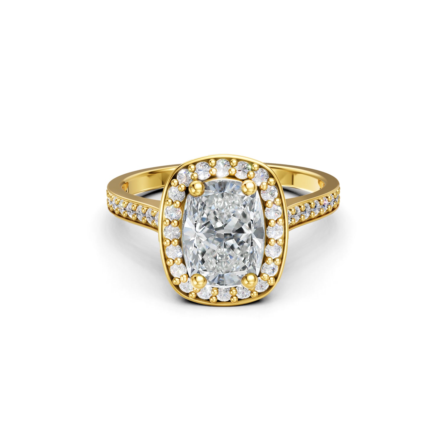Beautifuly yellow gold diamond halo engagement ring with 2 carat centre diamond and a row of bright, white diamonds running down the engagement ring band. Made in Canada. Bague fiançailles à diamants halo . Création Montréal. Style Couture Classique.