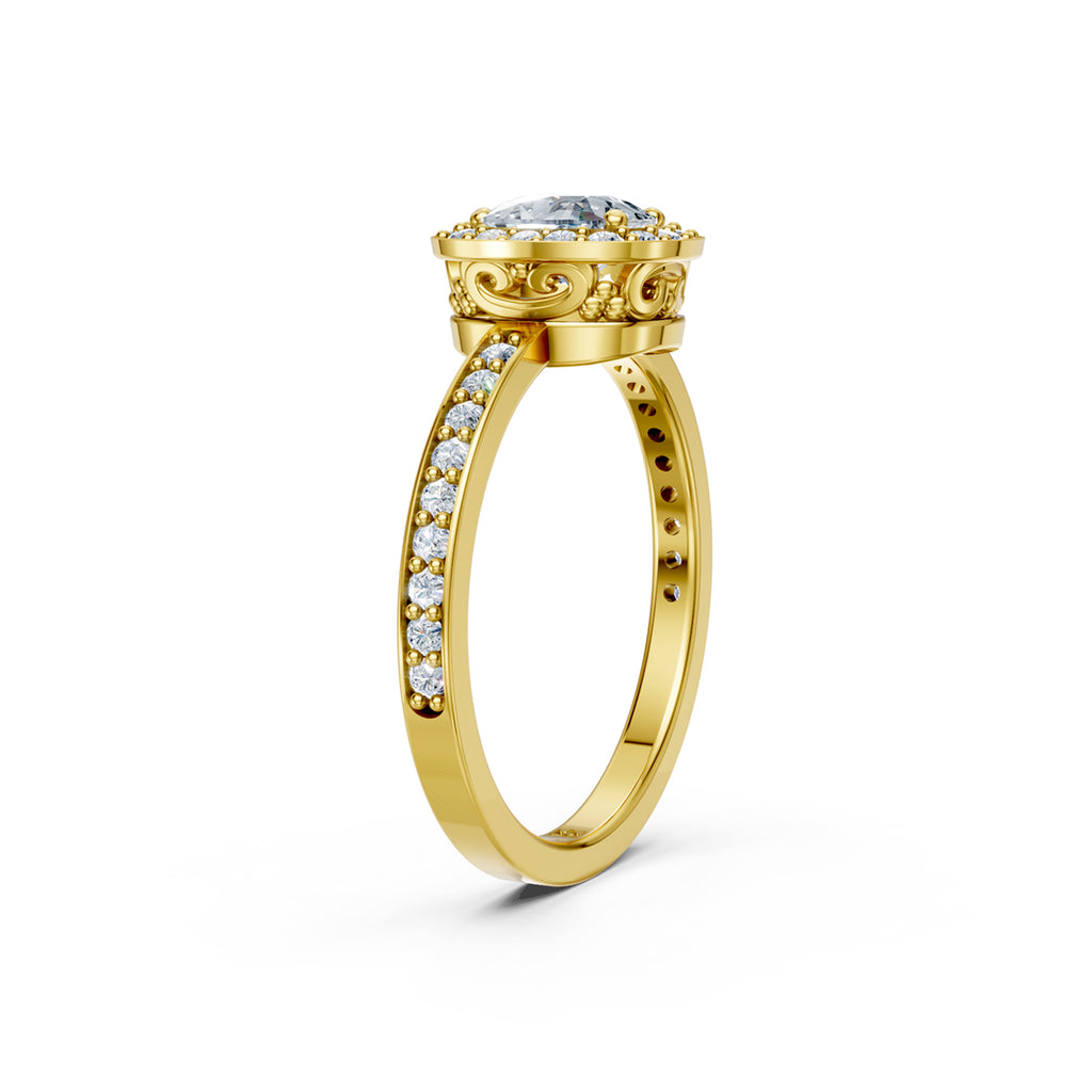 Beautiful yellow  gold diamond halo engagement ring with 1.5 carat centre diamond and a row of bright, white diamonds running down the engagement ring band. Made in Canada. Bague fiançailles à diamants halo . Création Montréal. Style Couture Classiqu VIntage.