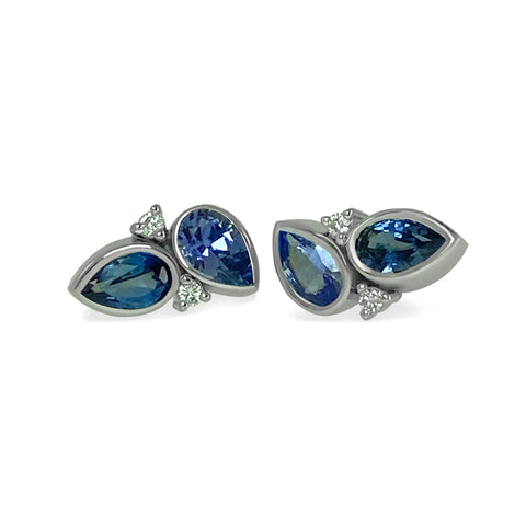 18K Gold with Blue Sapphires & Diamond Stud Earrings