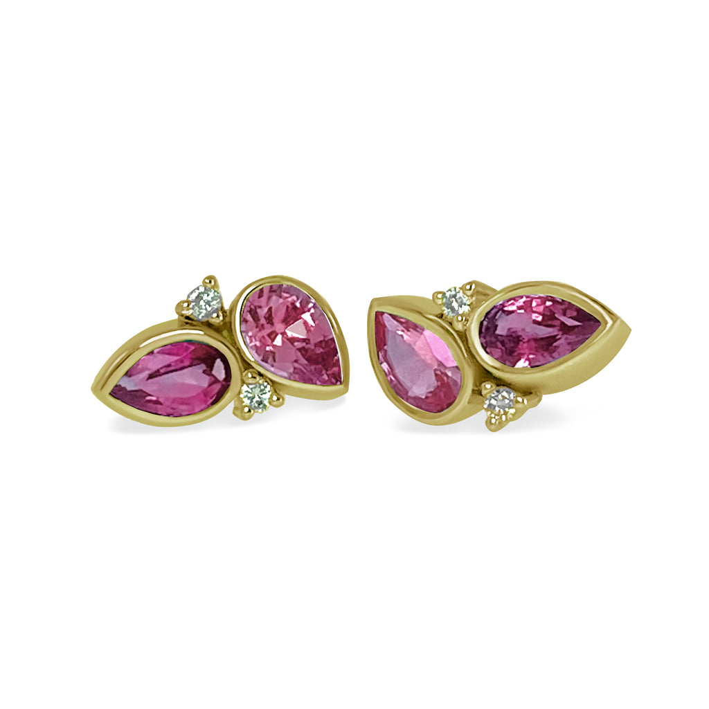 18K Gold with Pink Sapphire & Diamond Stud Earrings