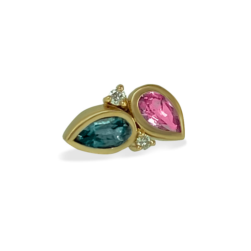 18K Gold with Pink & Teal Sapphire & Diamond Stud
