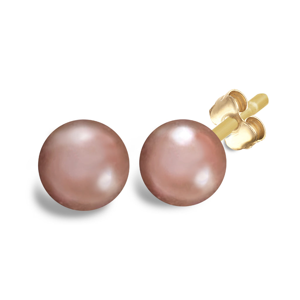 Stunning rose gold lustrous Kasumiga pearl earrings with gold posts on white backgroud. Boucles d'oreilles Kasumiga couleur rose doré sur fond blanc, Montréal, Canada