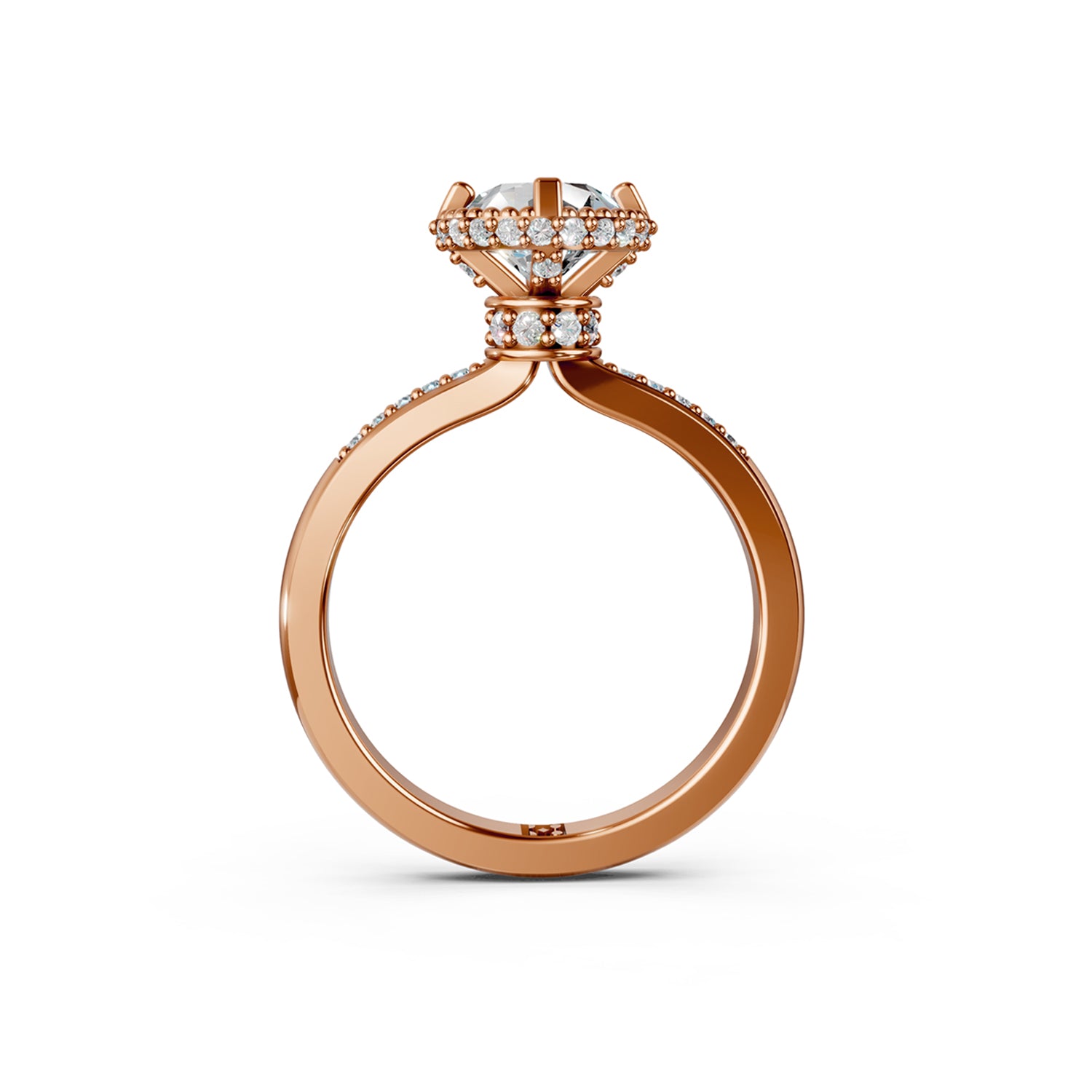Beautiful gold engagement ring with 2 carat diamond and double hidden halo below the solitaire centre stone. Made in Canada. Bague fiançailles à diamants halo caché. Création Montréal. Style Couture Vintage.
