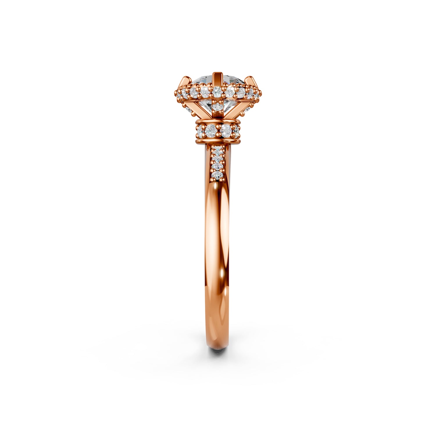 Beautiful gold engagement ring with 2 carat diamond and double hidden halo below the solitaire centre stone. Made in Canada. Bague fiançailles à diamants halo caché. Création Montréal. Style Couture Vintage.