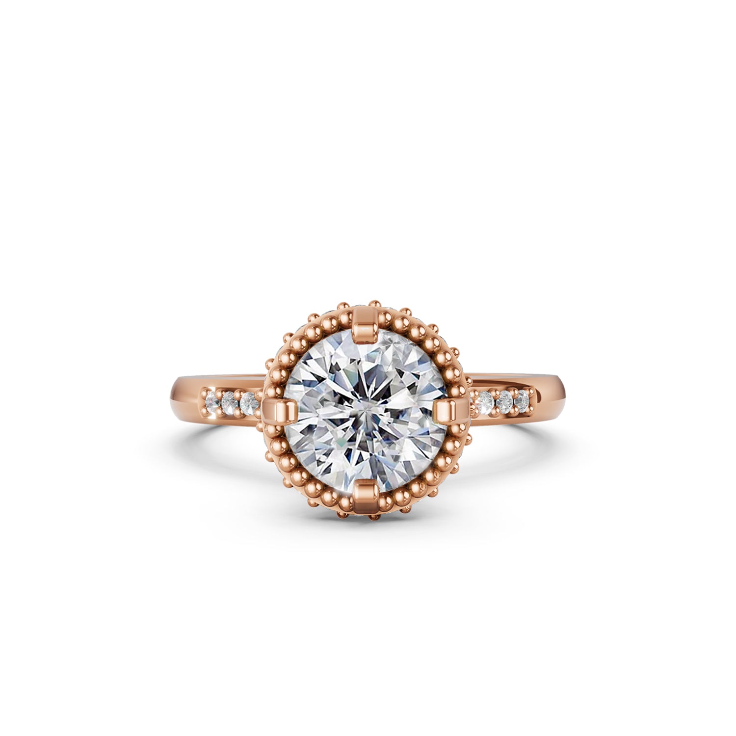 Beautiful gold engagement ring with 2 carat diamond and double hidden halo below the solitaire centre stone. Made in Canada. Bague fiançailles à diamants halo caché. Création Montréal. Style Couture Vintage.