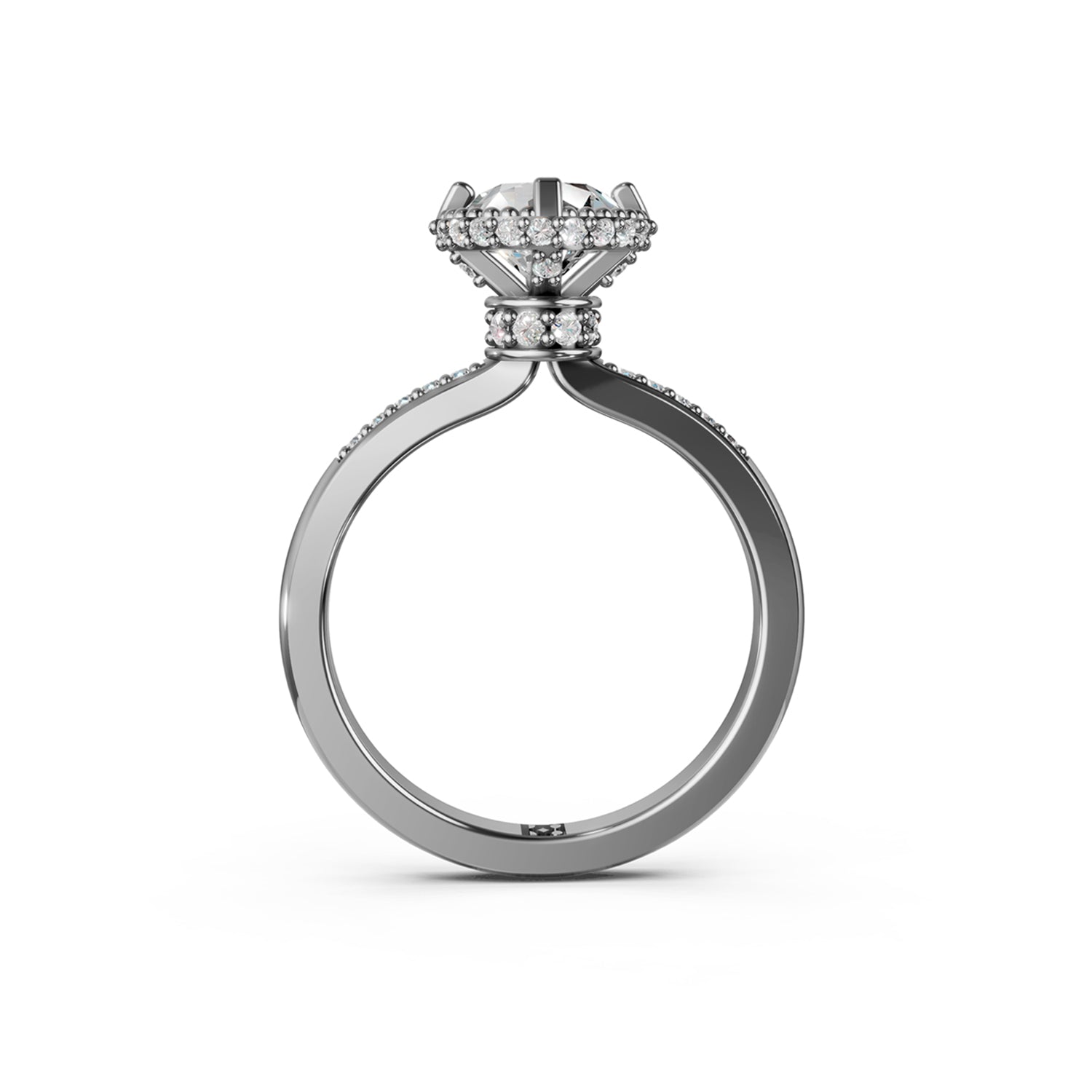 Beautiful platinum or gold engagement ring with 2 carat diamond and double hidden halo below the solitaire centre stone. Made in Canada. Bague fiançailles à diamants halo caché. Création Montéal. Style Couture Vintage.