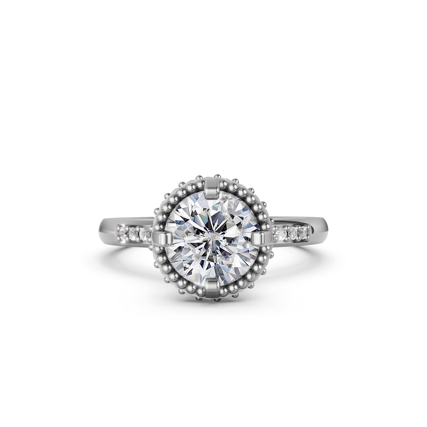 Beautiful platinum or gold engagement ring with 2 carat diamond and double hidden halo below the solitaire centre stone. Made in Canada. Bague fiançailles à diamants halo caché. Création Montéal. Style Couture Vintage.