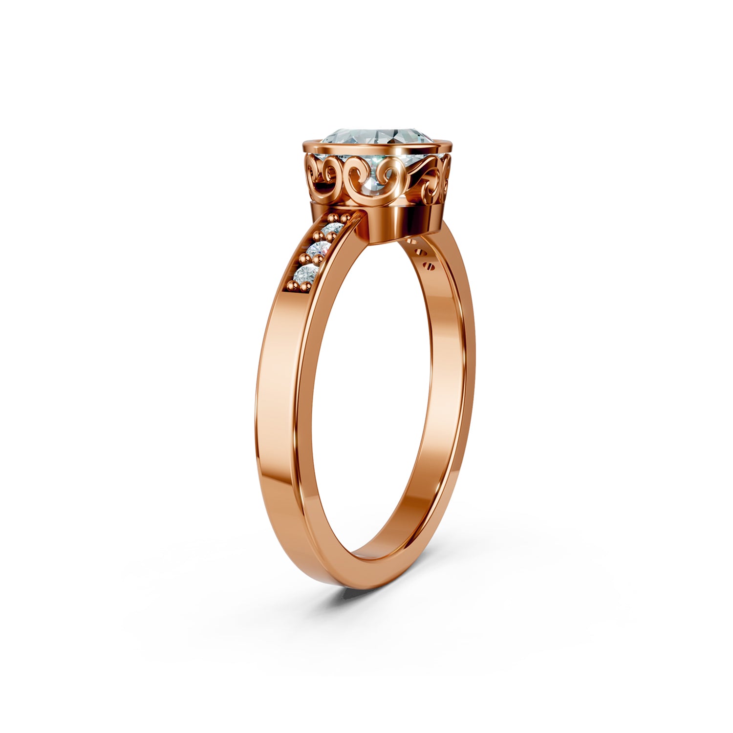 Beautiful vintage gold engagement ring with bezel-set diamond. Made in Canada. Bague fiancailles en or. Bijoux Montreal.