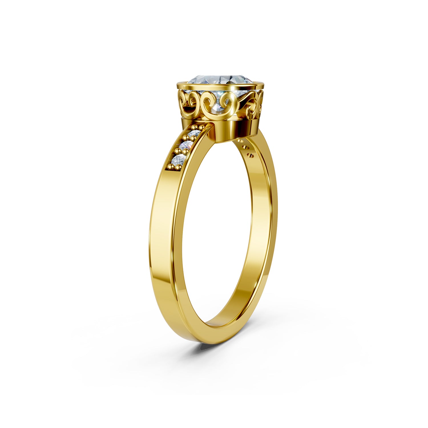 Beautiful vintage gold engagement ring with bezel-set diamond. Made in Canada. Bague fiancailles en or. Bijoux Montreal.