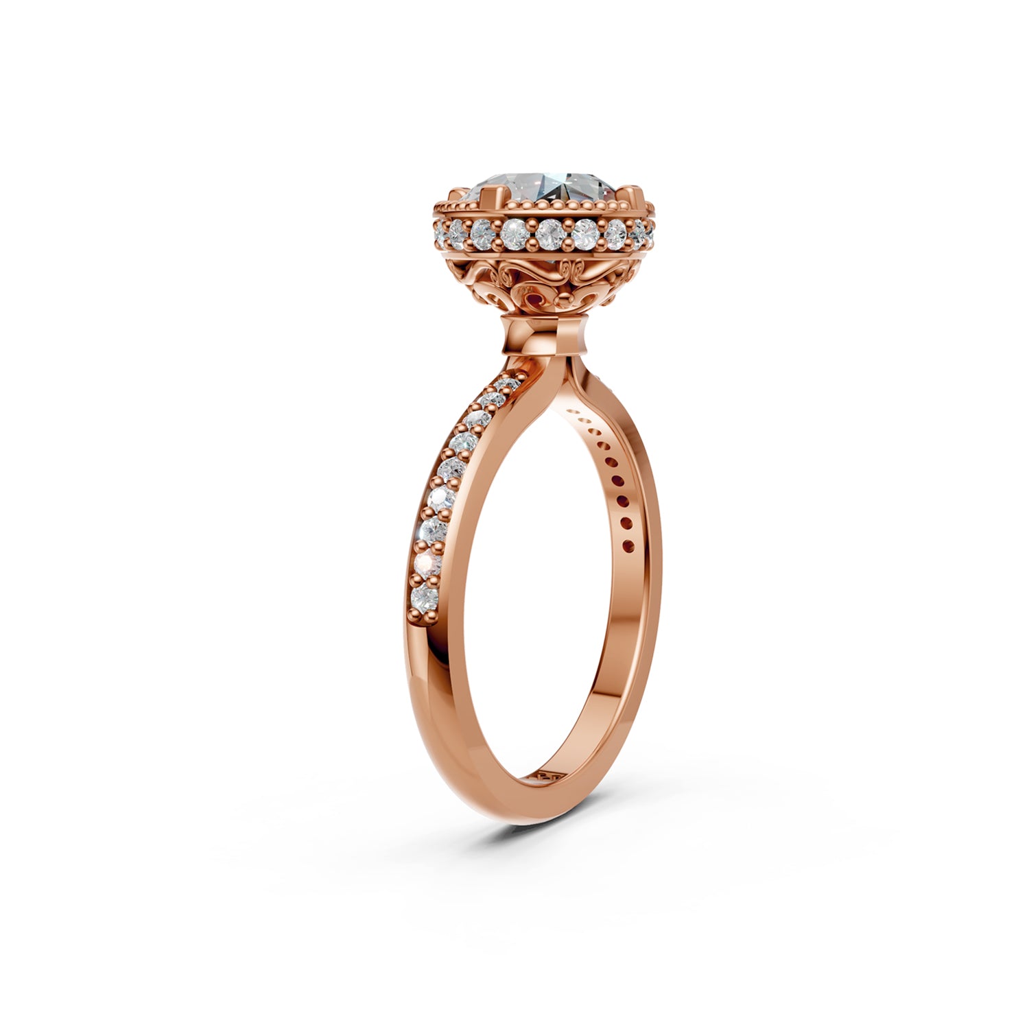 Stunning luxury pink or rose gold Couture Design Solitaire Engagement Ring with large 2-carat diamond and sparkling diamonds running down the narrow band. Made in Montreal. Contemporary and Classic Design. Perfect for a Millennial Bride /  Marriage Montréal Bague de fiancailles haut de gamme Bijoux Montréal