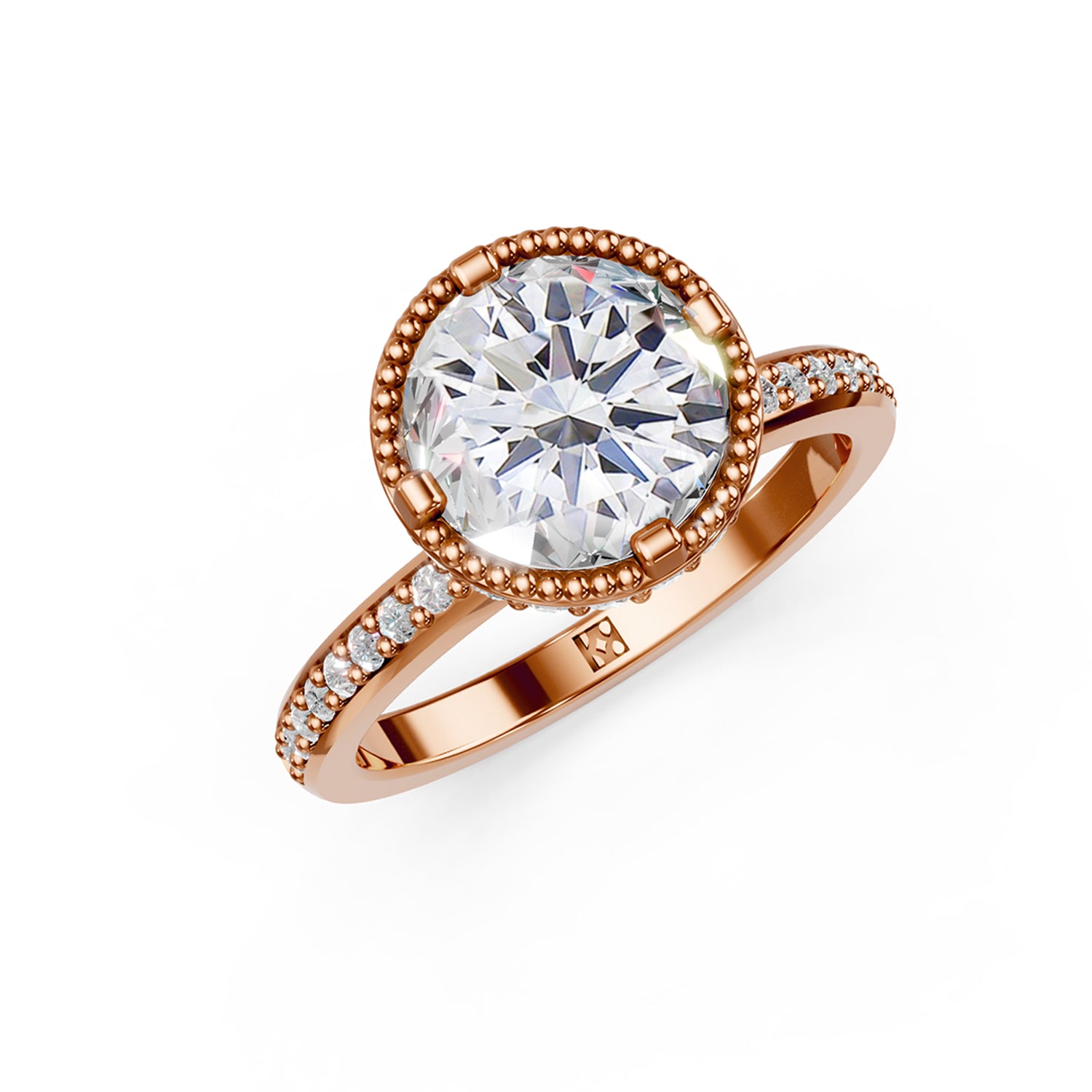 Stunning luxury pink or rose gold Couture Design Solitaire Engagement Ring with large 2-carat diamond and sparkling diamonds running down the narrow band. Made in Montreal. Contemporary and Classic Design. Perfect for a Millennial Bride /  Marriage Montréal Bague de fiancailles haut de gamme Bijoux Montréal