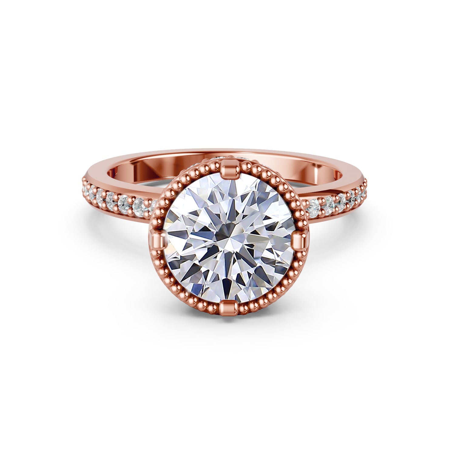 Stunning luxury pink or rose gold Couture Design Solitaire Engagement Ring with large 2-carat diamond and sparkling diamonds running down the narrow band. Made in Montreal. Contemporary and Classic Design. Perfect for a Millennial Bride /  Marriage Montréal Bague de fiancailles haut de gamme Bijoux Montréal