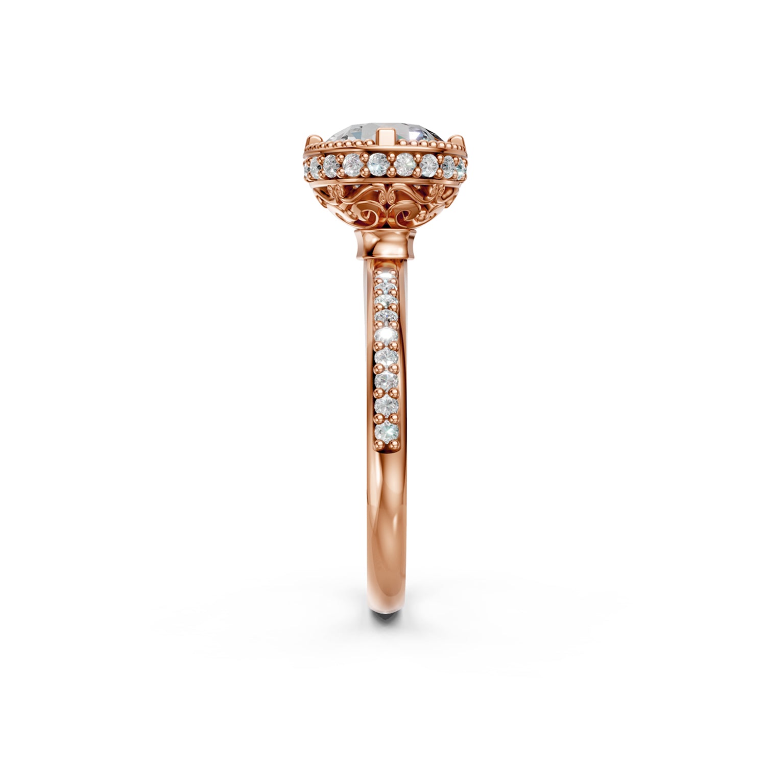 Stunning luxury pink or rose gold Couture Design Solitaire Engagement Ring with large 2-carat diamond and sparkling diamonds running down the narrow band. Made in Montreal. Contemporary and Classic Design. Perfect for a Millennial Bride /  Marriage Montréal Bague de fiancailles haut de gamme Bijoux Montréal