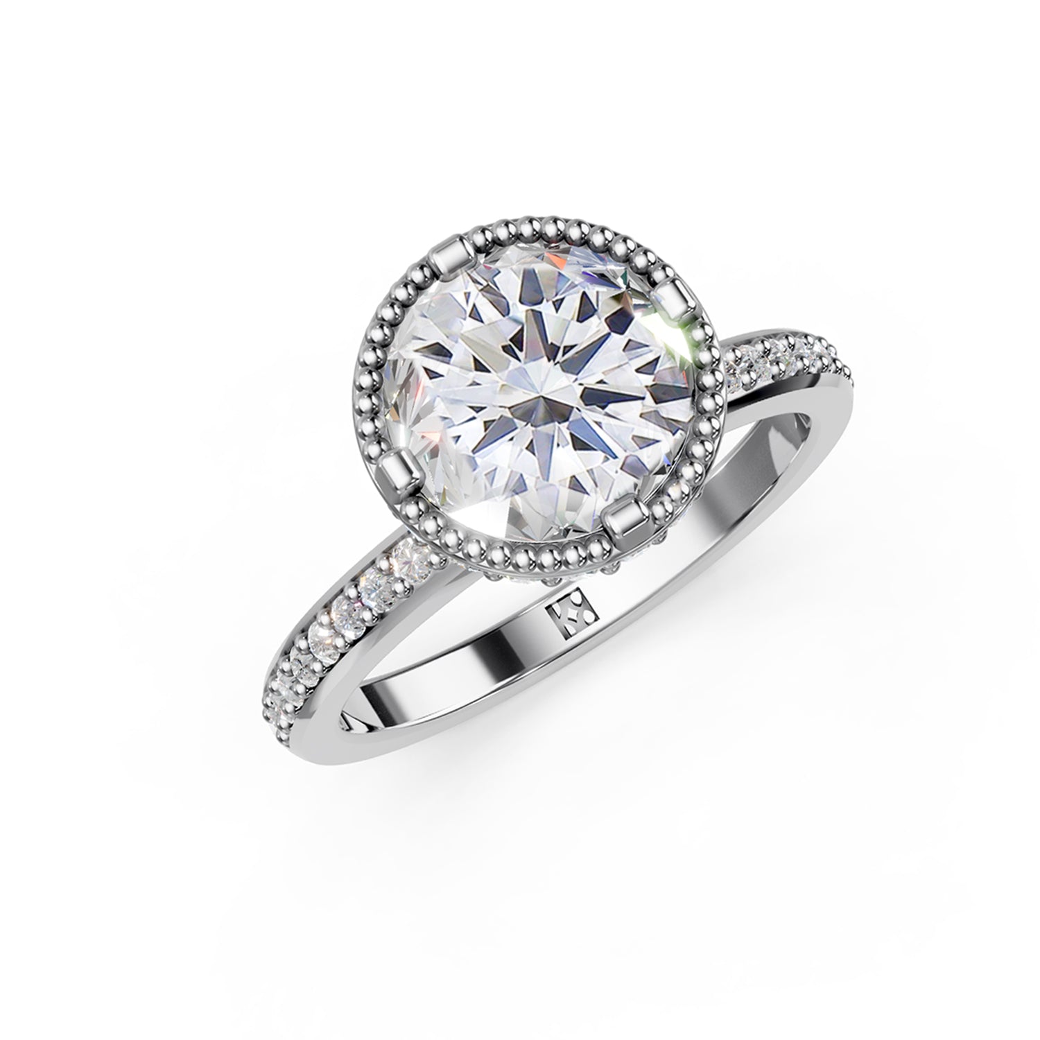 Stunning luxury platunum or white gold Couture Design Solitaire Engagement Ring with large 2-carat diamond and sparkling diamonds running down the narrow band. Made in Montreal. Contemporary and Classic Design. Perfect for a Millennial Bride /  Marriage Montréal Bague de fiancailles haut de gamme Bijoux Montréal