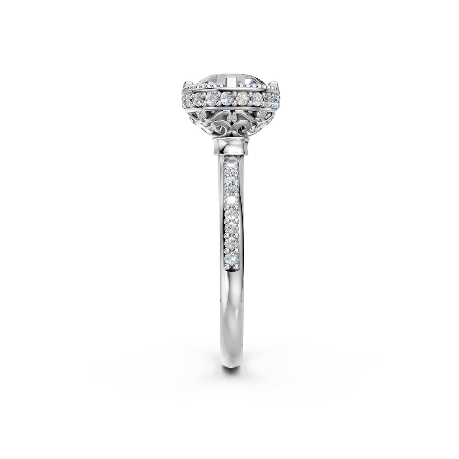 Stunning luxury platunum or white gold Couture Design Solitaire Engagement Ring with large 2-carat diamond and sparkling diamonds running down the narrow band. Made in Montreal. Contemporary and Classic Design. Perfect for a Millennial Bride /  Marriage Montréal Bague de fiancailles haut de gamme Bijoux Montréal