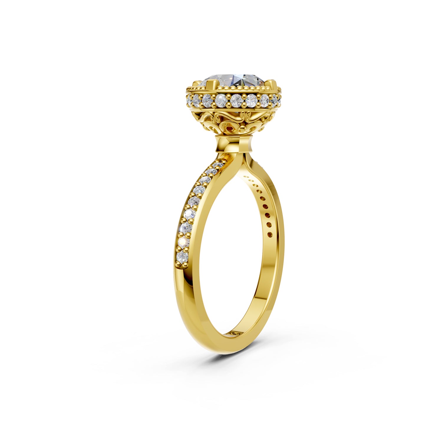 Stunning luxury yellow gold Couture Design Solitaire Engagement Ring with large 2-carat diamond and sparkling diamonds running down the narrow band. Made in Montreal. Contemporary and Classic Design. Perfect for a Millennial Bride /  Marriage Montréal Bague de fiancailles haut de gamme Bijoux Montréal