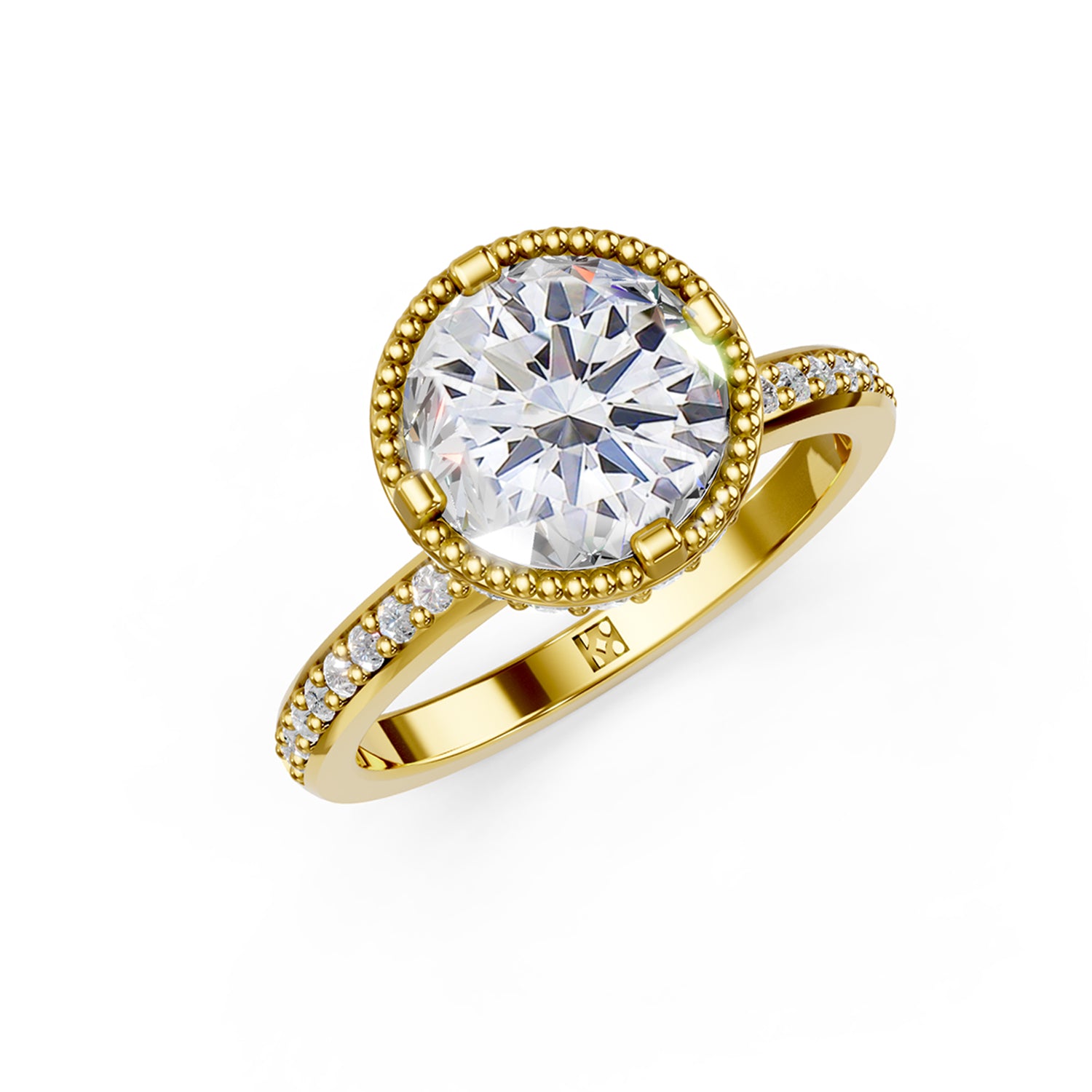 Stunning luxury yellow gold Couture Design Solitaire Engagement Ring with large 2-carat diamond and sparkling diamonds running down the narrow band. Made in Montreal. Contemporary and Classic Design. Perfect for a Millennial Bride /  Marriage Montréal Bague de fiancailles haut de gamme Bijoux Montréal