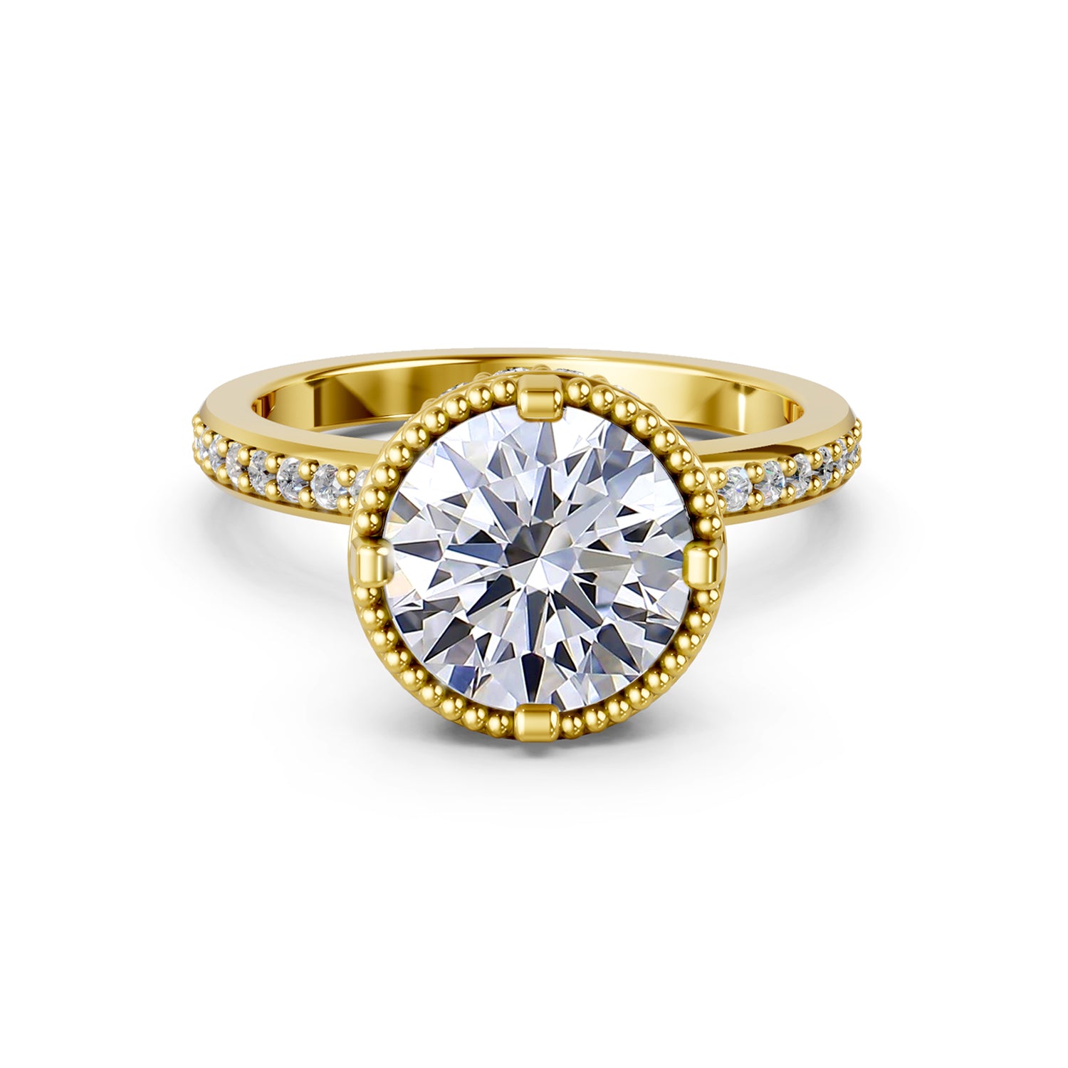 Stunning luxury yellow gold Couture Design Solitaire Engagement Ring with large 2-carat diamond and sparkling diamonds running down the narrow band. Made in Montreal. Contemporary and Classic Design. Perfect for a Millennial Bride /  Marriage Montréal Bague de fiancailles haut de gamme Bijoux Montréal