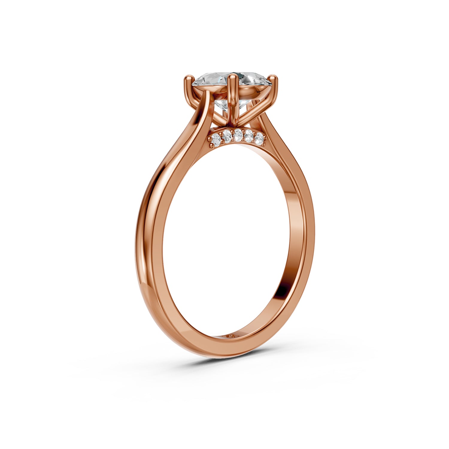 Stunning Pink or Rose Gold Engagement Ring with Oval Diamond or Gemstone with a row of small damonds on the band. Made in Montreal. Contemporary and Classic Design. Perfect for a Millennial Brides /  Marriage Montréal Bague haut de gamme Bijoux Montréal.