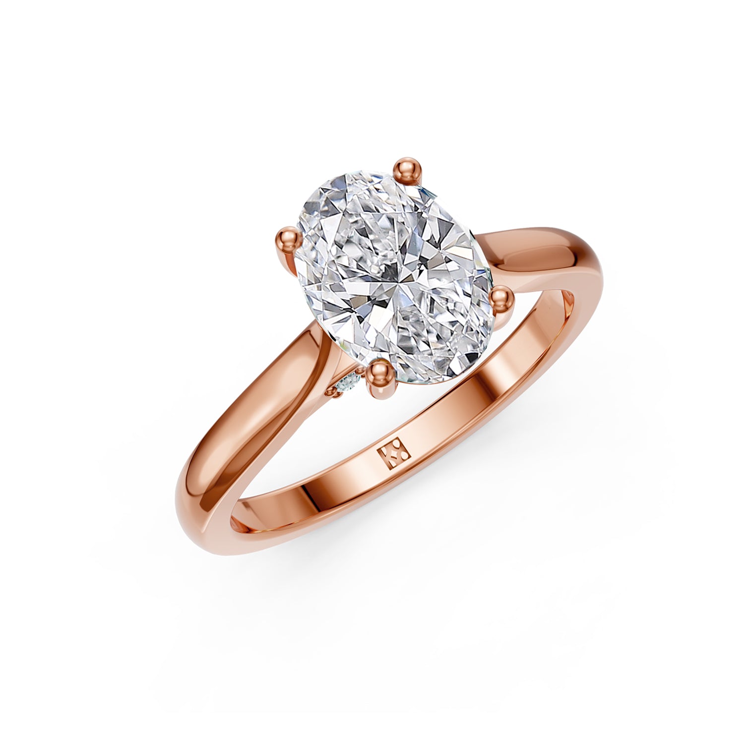 Stunning Pink or Rose Gold Engagement Ring with Oval Diamond or Gemstone with a row of small damonds on the band. Made in Montreal. Contemporary and Classic Design. Perfect for a Millennial Brides /  Marriage Montréal Bague haut de gamme Bijoux Montréal.
