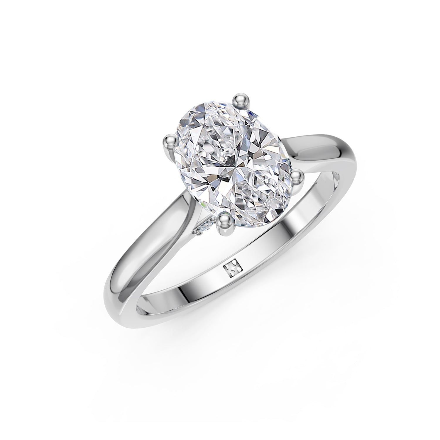 Stunning Platinum or White Gold Engagement Ring with Oval Diamond or Gemstone with a row of small damonds on the band. Made in Montreal. Contemporary and Classic Design. Perfect for a Millennial Brides /  Marriage Montréal Bague haut de gamme Bijoux Montréal.