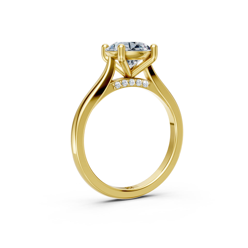 Stunning Yellow Gold Engagement Ring with Diamond or Gemstone with a rown of small damonds on the band. Made in Montreal. Contemporary and Classic Design. Perfect for a Millennial Brides /  Marriage Montréal Bague haut de gamme Bijoux Montréal.