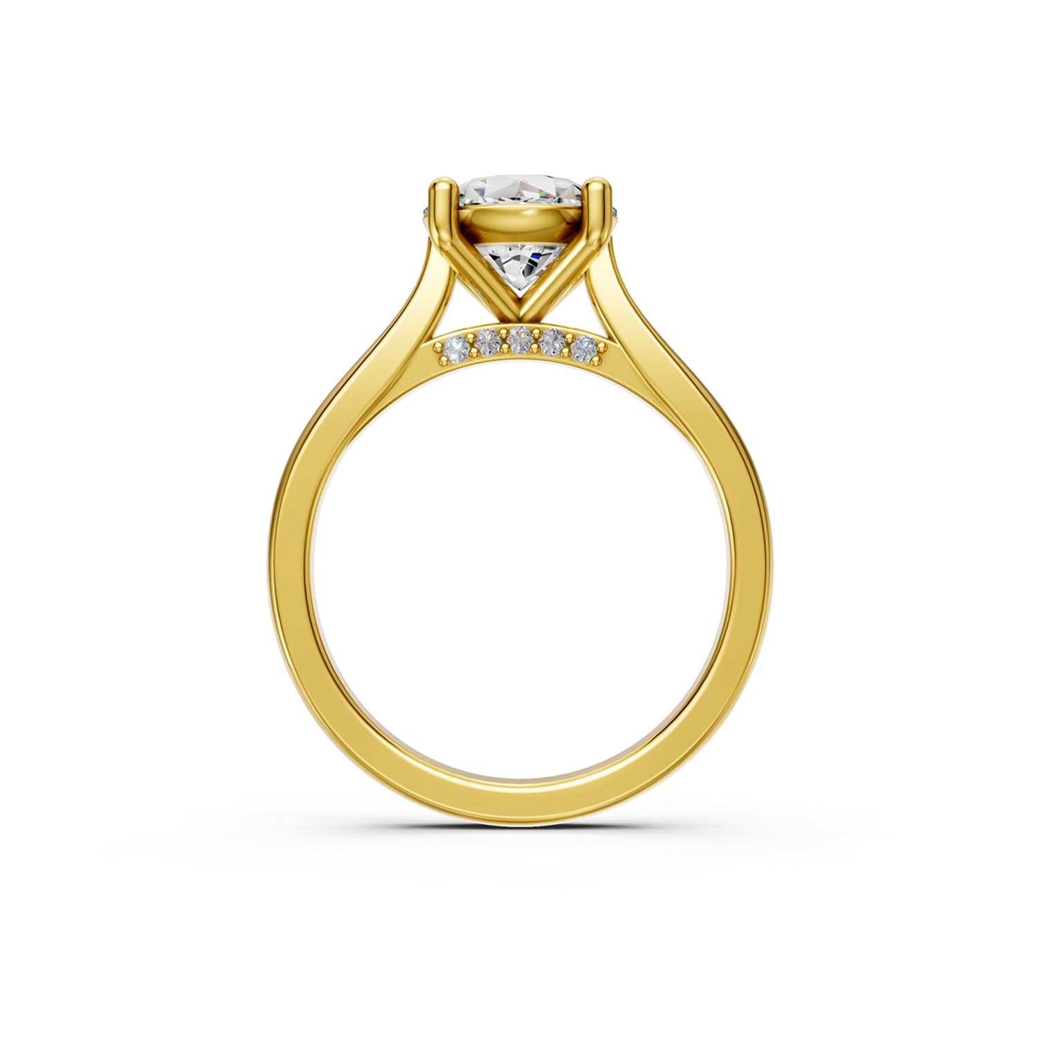 Stunning Yellow Gold Engagement Ring with Oval Diamond or Gemstone with a row of small damonds on the band. Made in Montreal. Contemporary and Classic Design. Perfect for a Millennial Brides /  Marriage Montréal Bague haut de gamme Bijoux Montréal.