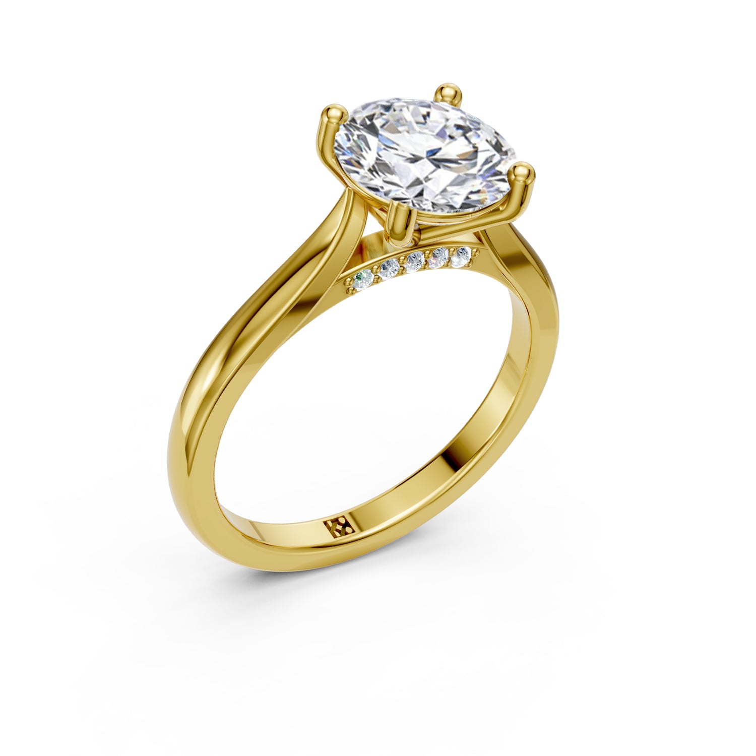Stunning Yellow Gold Engagement Ring with Diamond or Gemstone with a rown of small damonds on the band. Made in Montreal. Contemporary and Classic Design. Perfect for a Millennial Brides /  Marriage Montréal Bague haut de gamme Bijoux Montréal.