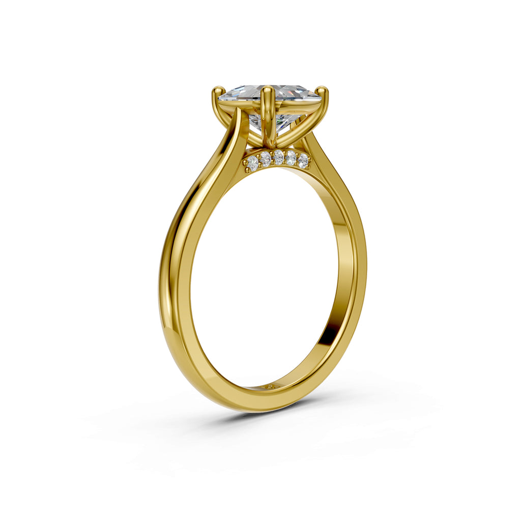 Stunning Yellow Gold Engagement Ring with Asscher-cut Diamond or Gemstone with a row of small damonds on the band. Made in Montreal. Contemporary and Classic Design. Perfect for a Millennial Brides /  Marriage Montréal Bague haut de gamme Bijoux Montréal.