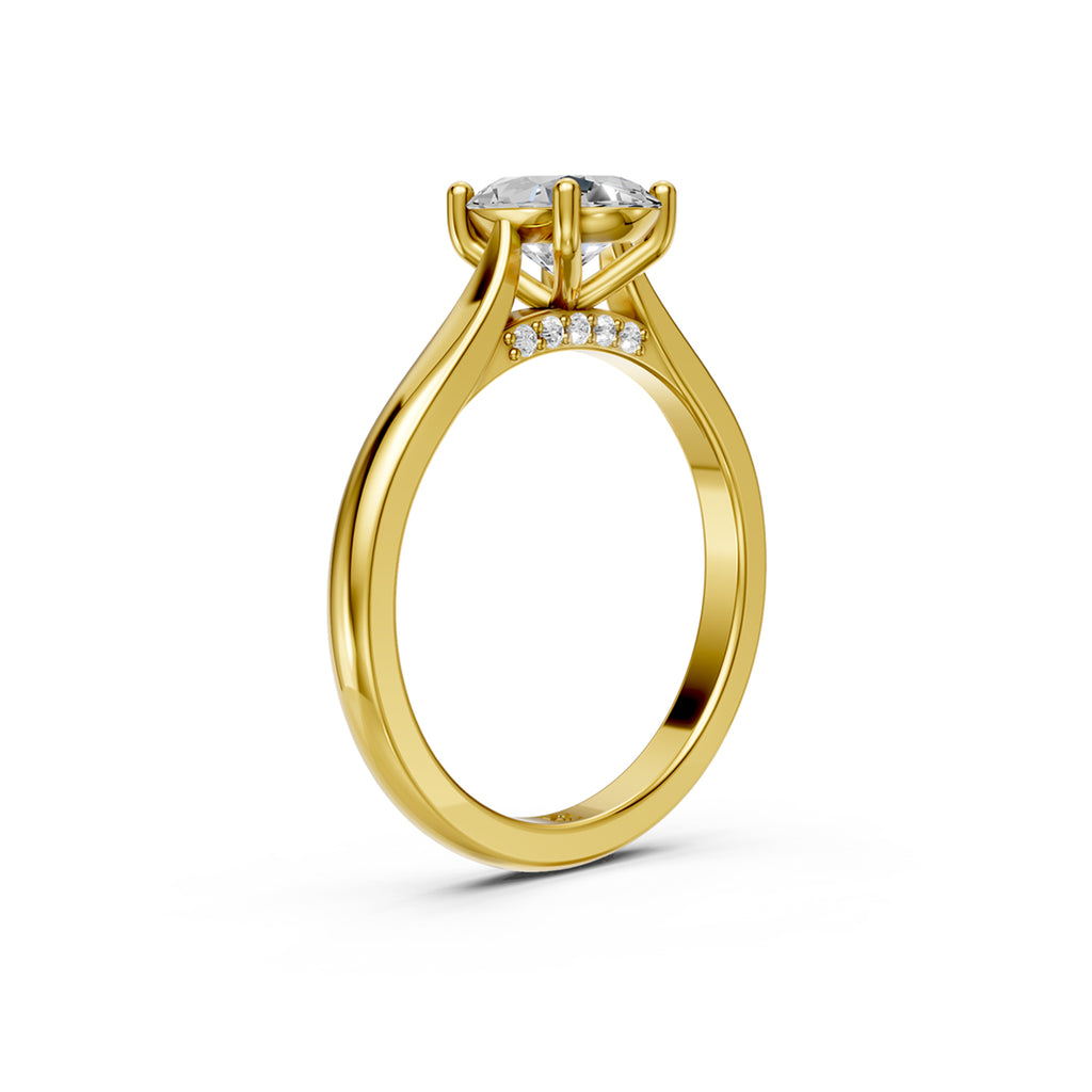 Stunning Yellow Gold Engagement Ring with radiant-cut Diamond or Gemstone with a row of small damonds on the band. Made in Montreal. Contemporary and Classic Design. Perfect for a Millennial Brides /  Marriage Montréal Bague haut de gamme Bijoux Montréal.