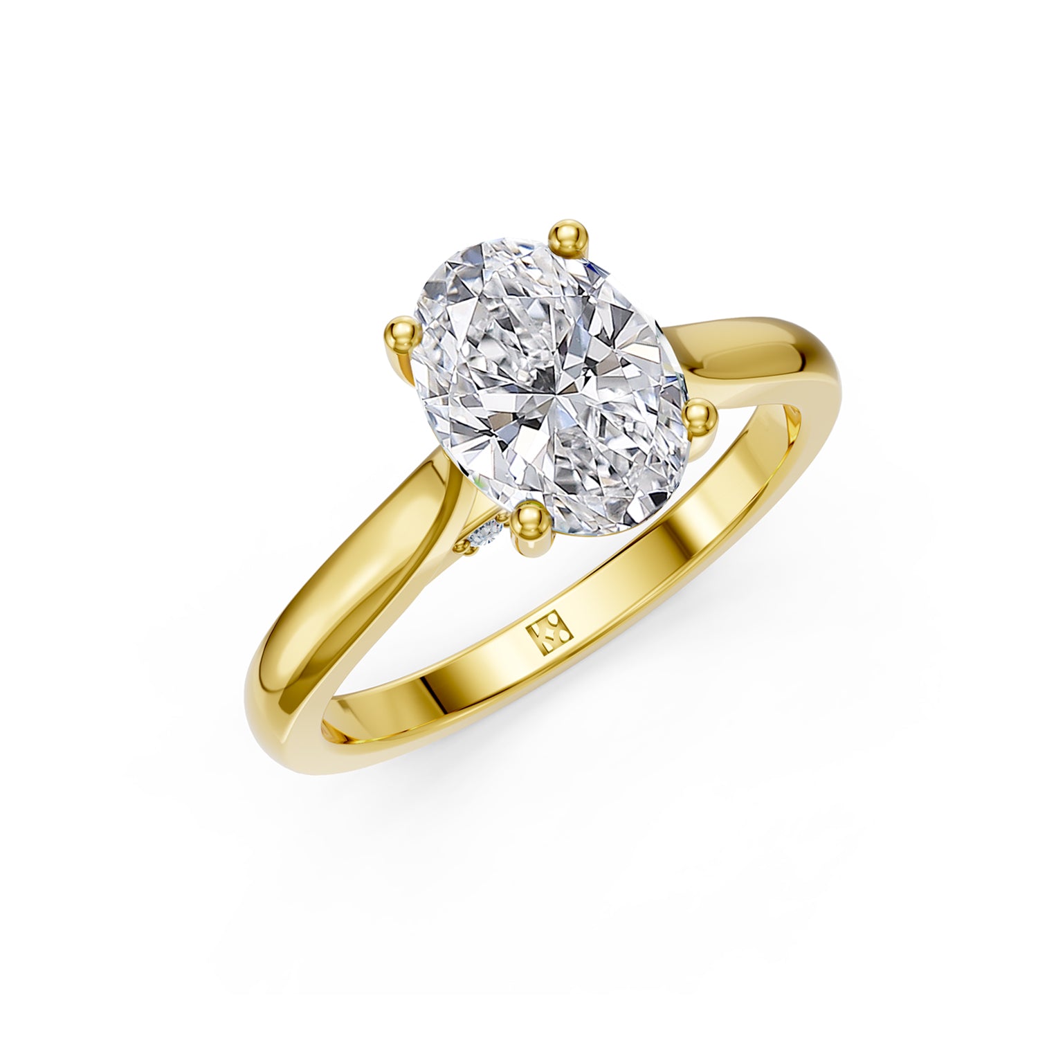 Stunning Yellow Gold Engagement Ring with Oval Diamond or Gemstone with a row of small damonds on the band. Made in Montreal. Contemporary and Classic Design. Perfect for a Millennial Brides /  Marriage Montréal Bague haut de gamme Bijoux Montréal.