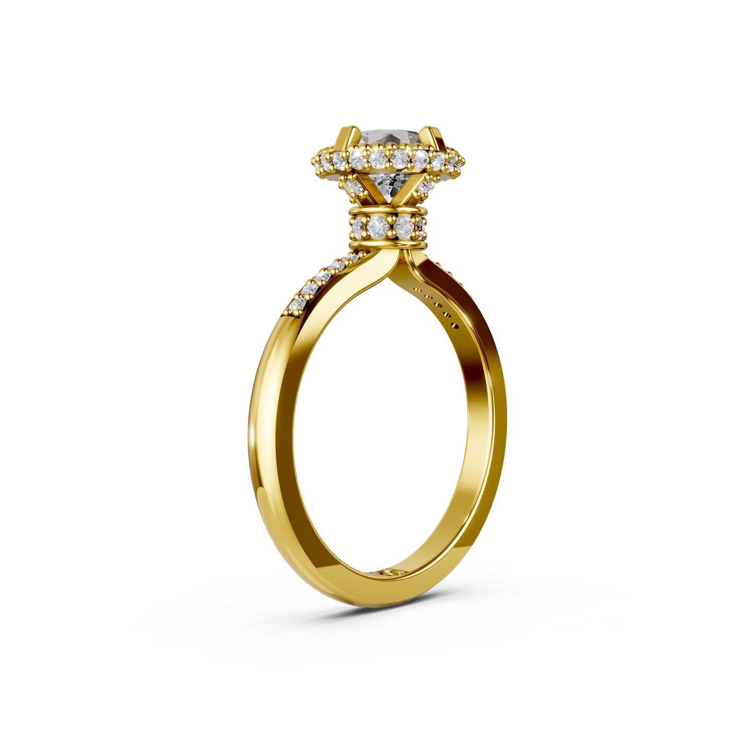 Beautiful gold engagement ring with 2 carat diamond and double hidden halo below the solitaire centre stone. Made in Canada. Bague fiançailles à diamants halo caché. Création Montréal. Style Couture Vintage.