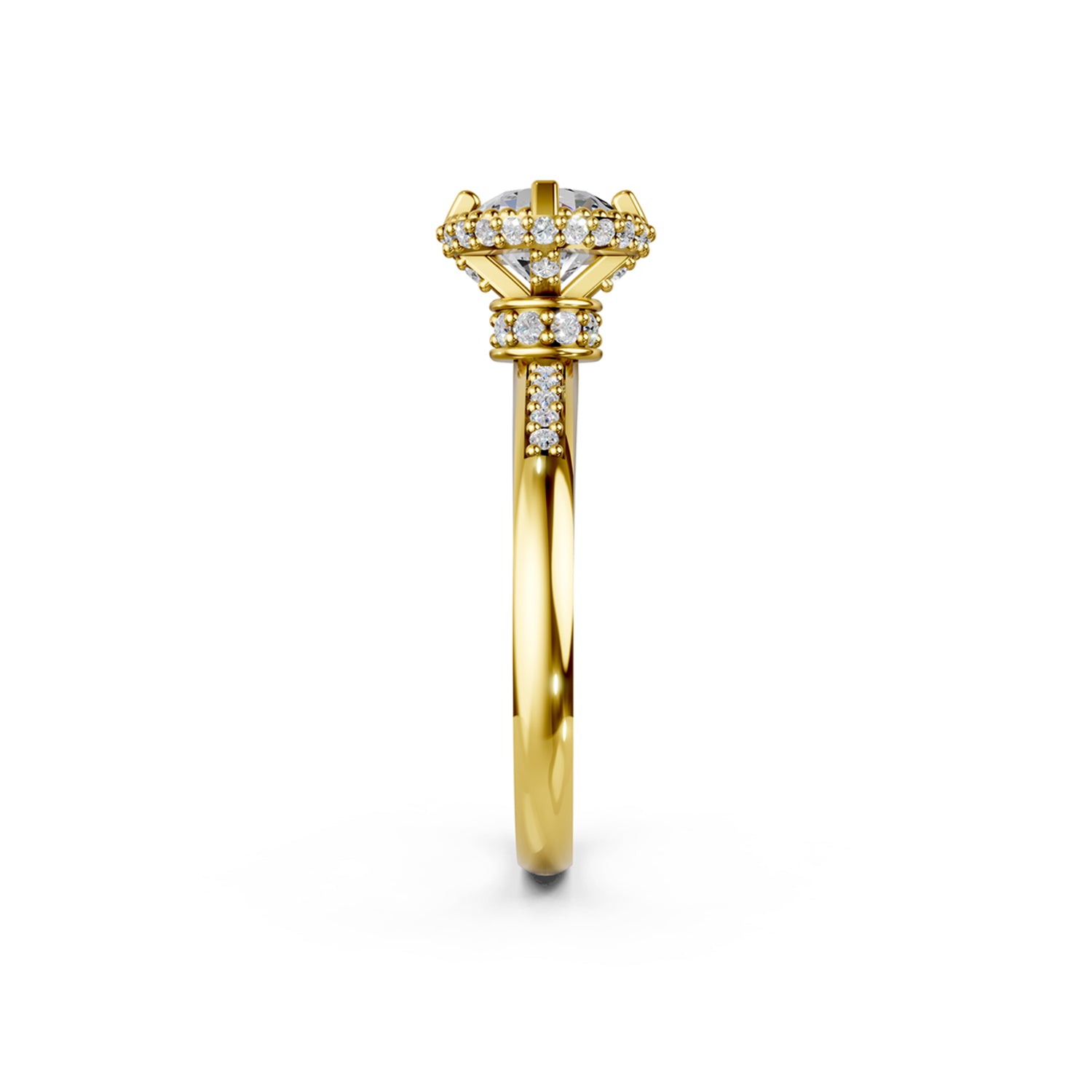 Beautiful gold engagement ring with 2 carat diamond and double hidden halo below the solitaire centre stone. Made in Canada. Bague fiançailles à diamants halo caché. Création Montréal. Style Couture Vintage.