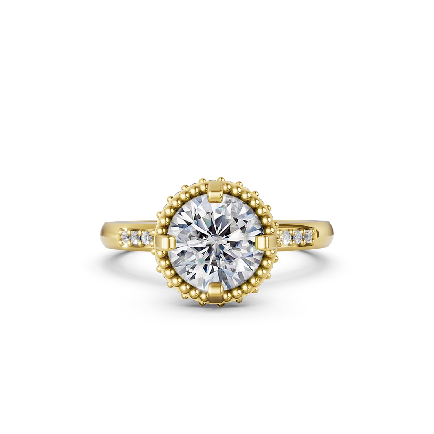 Beautiful gold engagement ring with 2 carat diamond and double hidden halo below the solitaire centre stone. Made in Canada. Bague fiançailles à diamants halo caché. Création Montréal. Style Couture Vintage.