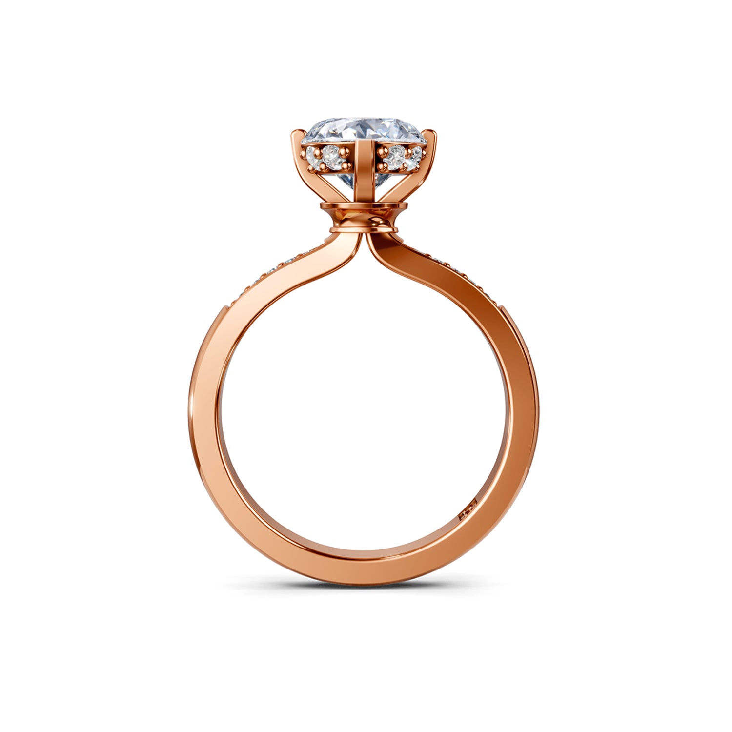 Beautiful pink or rose gold engagement ring with 1.5 carat diamond and subtle hidden halo below the solitaire diamond centre stone. Made in Canada. Bague fiançailles à diamants halo caché. Création Montréal. Style Couture Vintage.