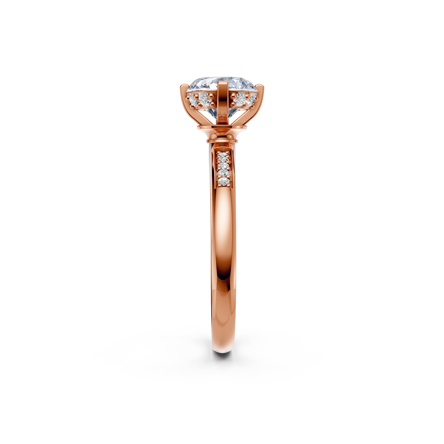 Beautiful pink or rose gold engagement ring with 1.5 carat diamond and subtle hidden halo below the solitaire diamond centre stone. Made in Canada. Bague fiançailles à diamants halo caché. Création Montréal. Style Couture Vintage.