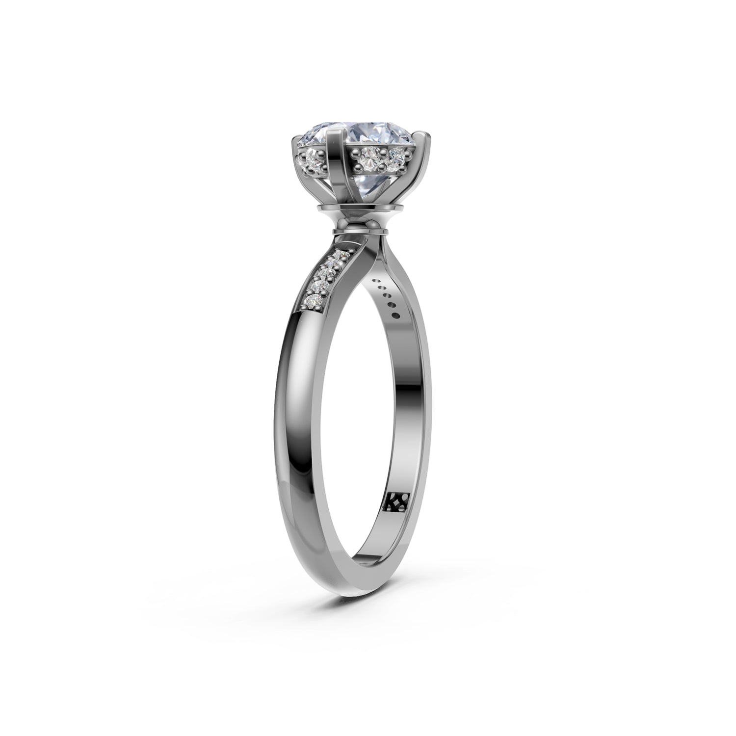 Beautiful platinum ir white gold engagement ring with 1.5 carat diamond and subtle hidden halo below the solitaire diamond centre stone. Made in Canada. Bague fiançailles à diamants halo caché. Création Montréal. Style Couture Vintage.