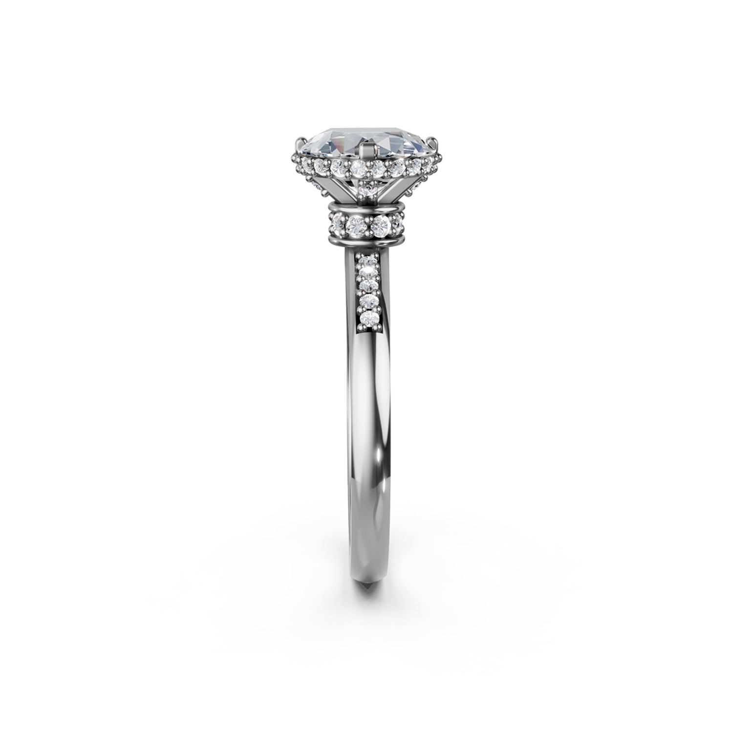 Beautiful platinum or white gold engagement ring with 2 carat diamond and double hidden halo below the solitaire centre stone. Made in Canada. Bague fiançailles à diamants halo caché. Création Montréal. Style Couture Vintage.