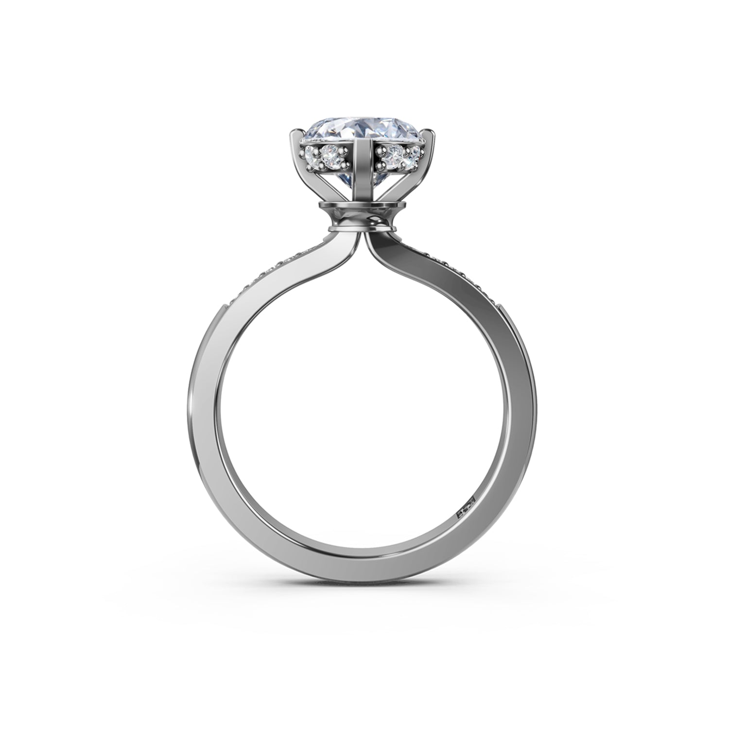 Beautiful platinum ir white gold engagement ring with 1.5 carat diamond and subtle hidden halo below the solitaire diamond centre stone. Made in Canada. Bague fiançailles à diamants halo caché. Création Montréal. Style Couture Vintage.