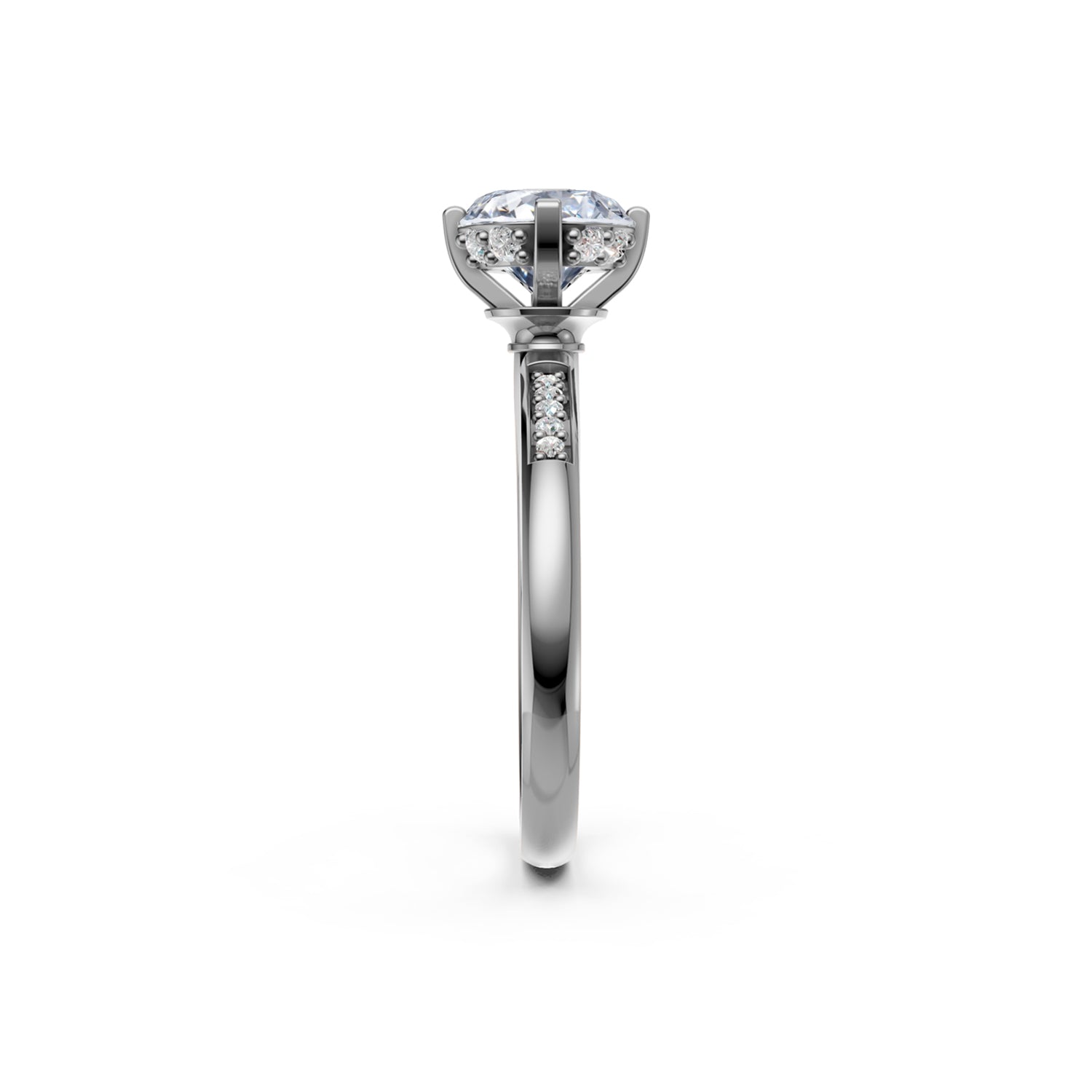 Beautiful platinum ir white gold engagement ring with 1.5 carat diamond and subtle hidden halo below the solitaire diamond centre stone. Made in Canada. Bague fiançailles à diamants halo caché. Création Montréal. Style Couture Vintage.